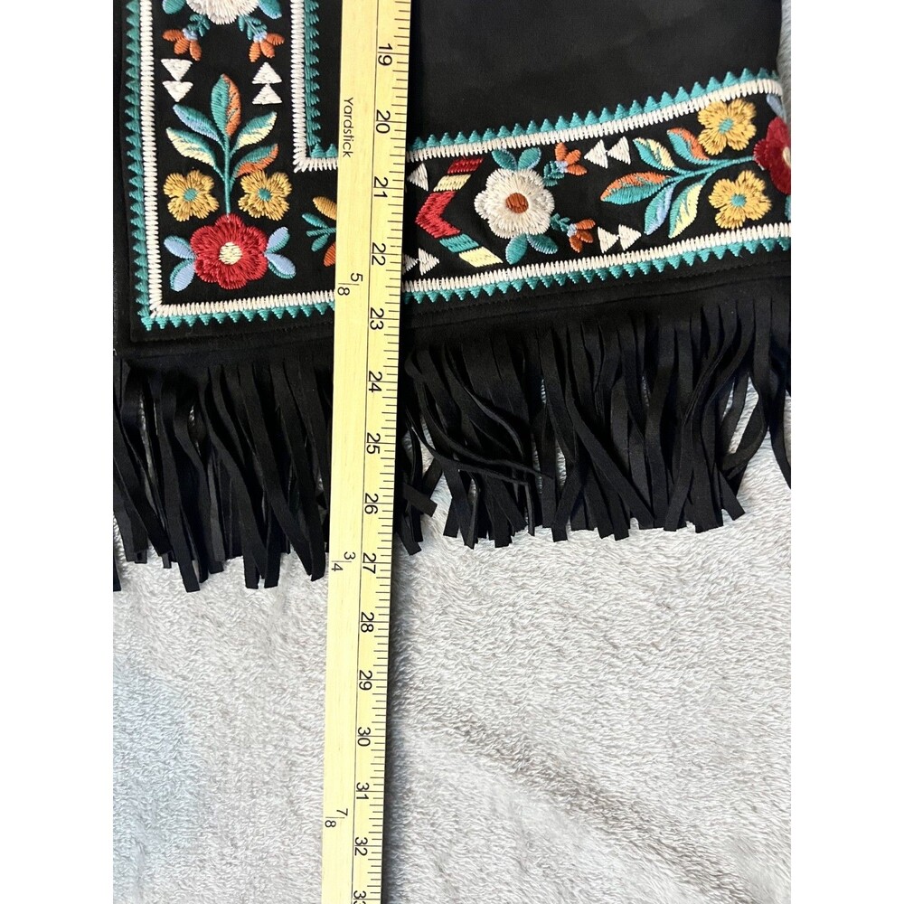 Savannah Jane Black Sued Fring Zip Up Jacket Floral Embroidery Boho Womens Large - Picture 7 of 8